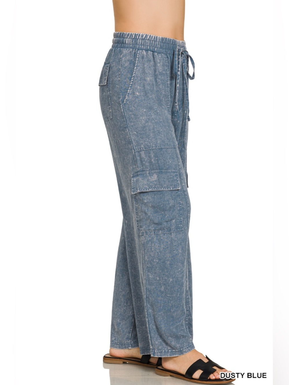 “ Zuma Beach “ Wide Leg Linen Cargo Pants | Ash Mocha / Blue - Picture 3 of 8